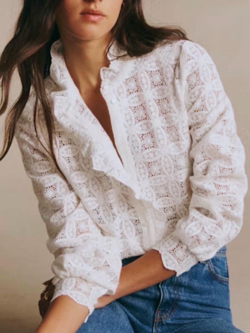 Sezane Ecru Guipure White Lace Button Up Long Sleeve Women’s Size 2